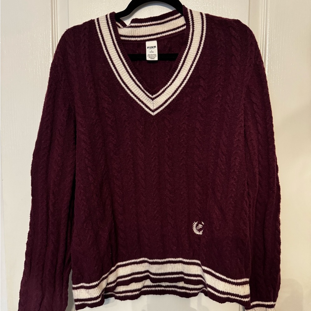 PINK Victoria's Secret Burgundy V-Neck Sweater with White Stripes